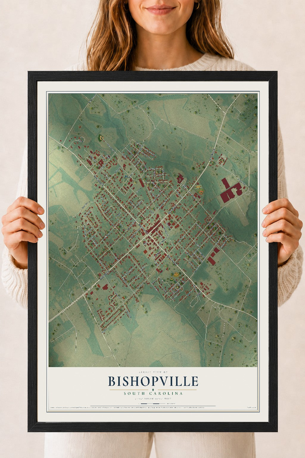 Map of Bishopville, South Carolina, 18 x 24 inch print in a black wood frame
