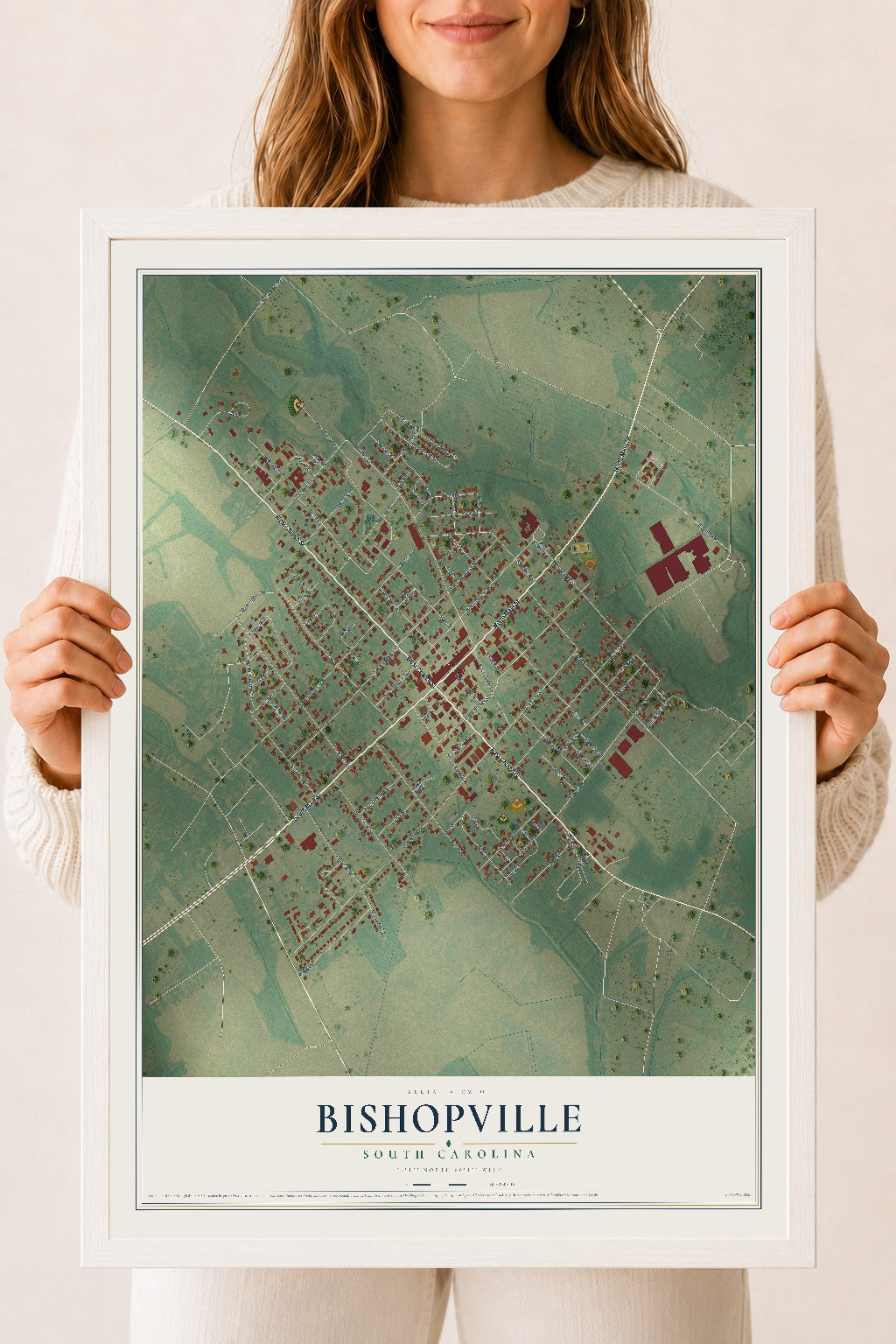 Map of Bishopville, South Carolina, 18 x 24 inch print in a white wood frame