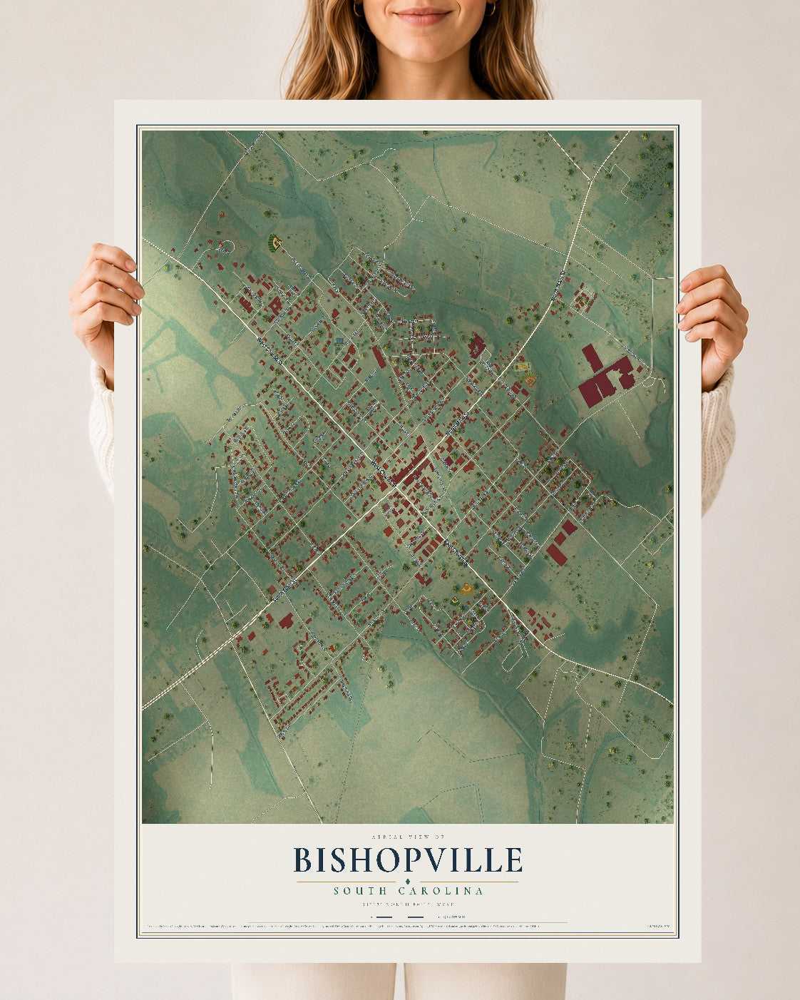 Map of Bishopville, South Carolina, 24 x 36 inch unframed archival matte print