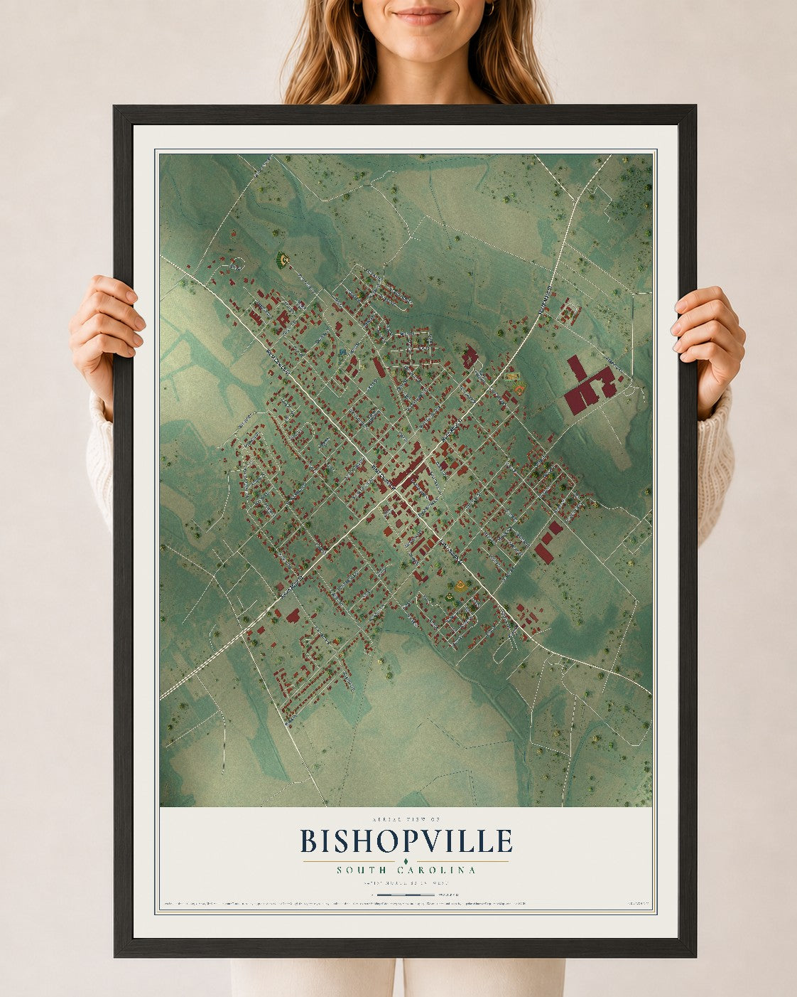 Map of Bishopville, South Carolina, 24 x 36 inch print in a black wood frame