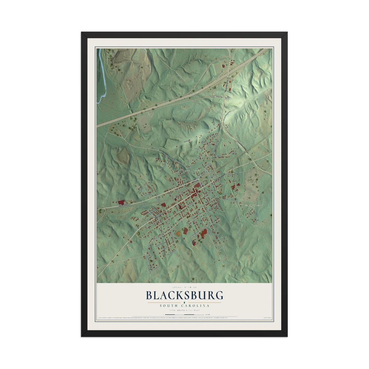 Map of Blacksburg, South Carolina, 12 x 18 inch print in a black wood frame