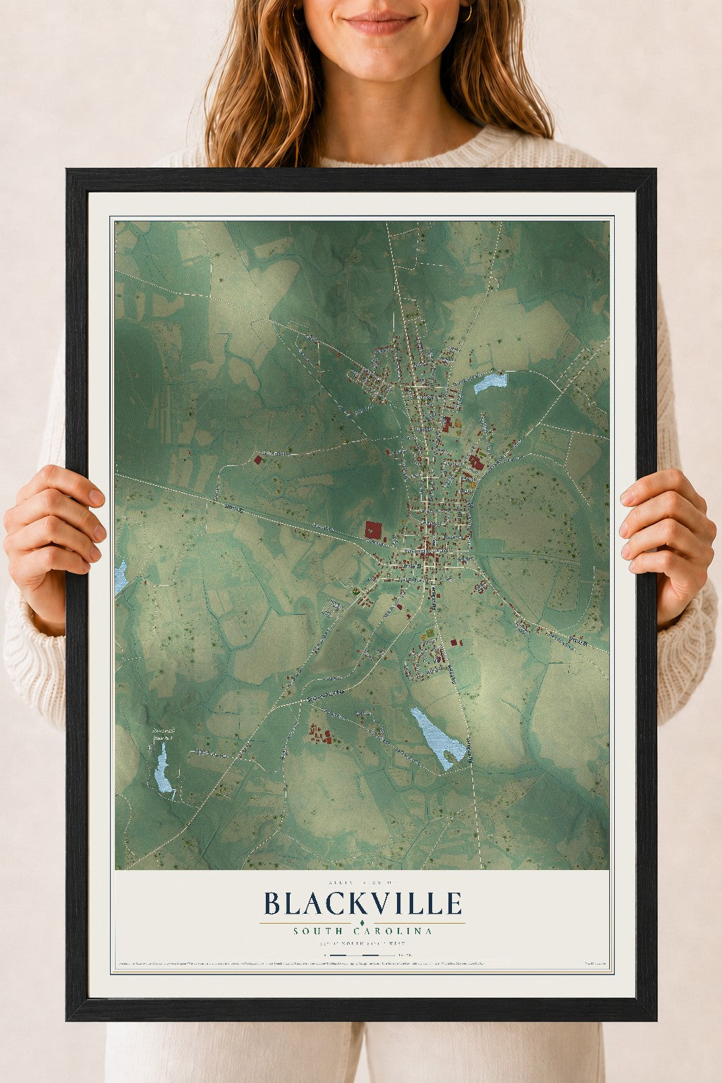 Map of Blackville, South Carolina, 18 x 24 inch print in a black wood frame