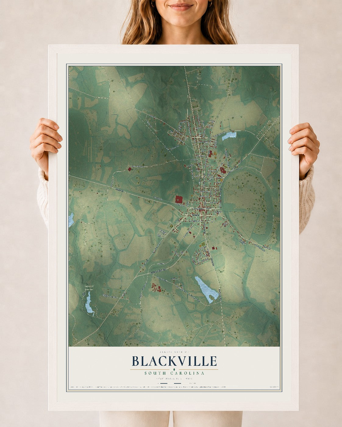 Map of Blackville, South Carolina, 24 x 36 inch print in a white wood frame