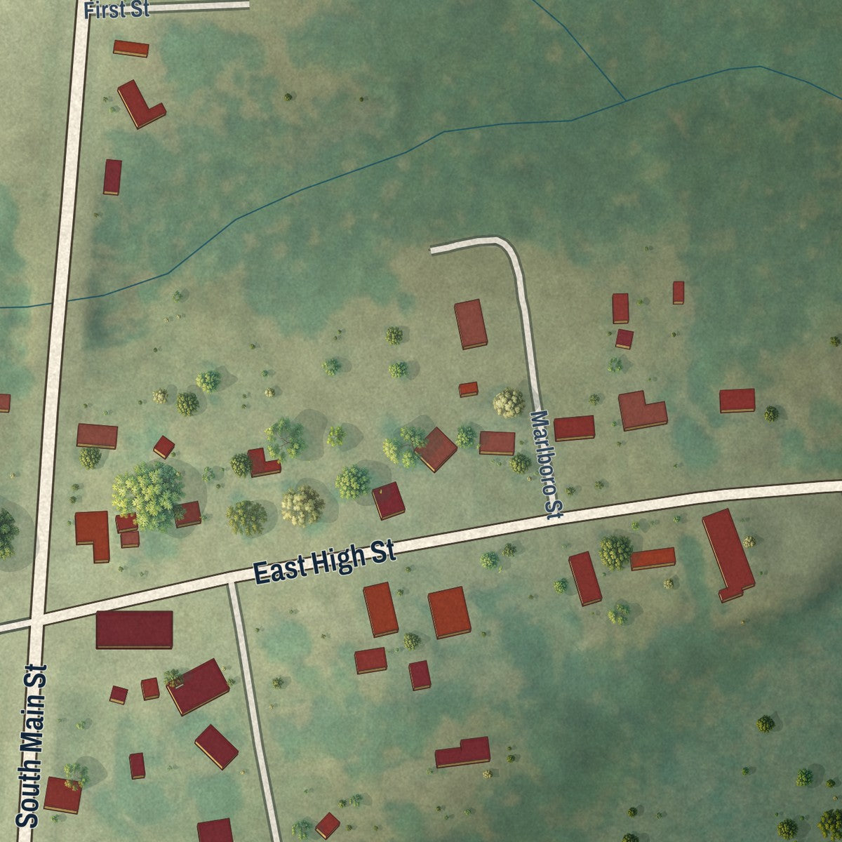 Second close-up of the map of Blenheim, South Carolina print showing more streets and buildings