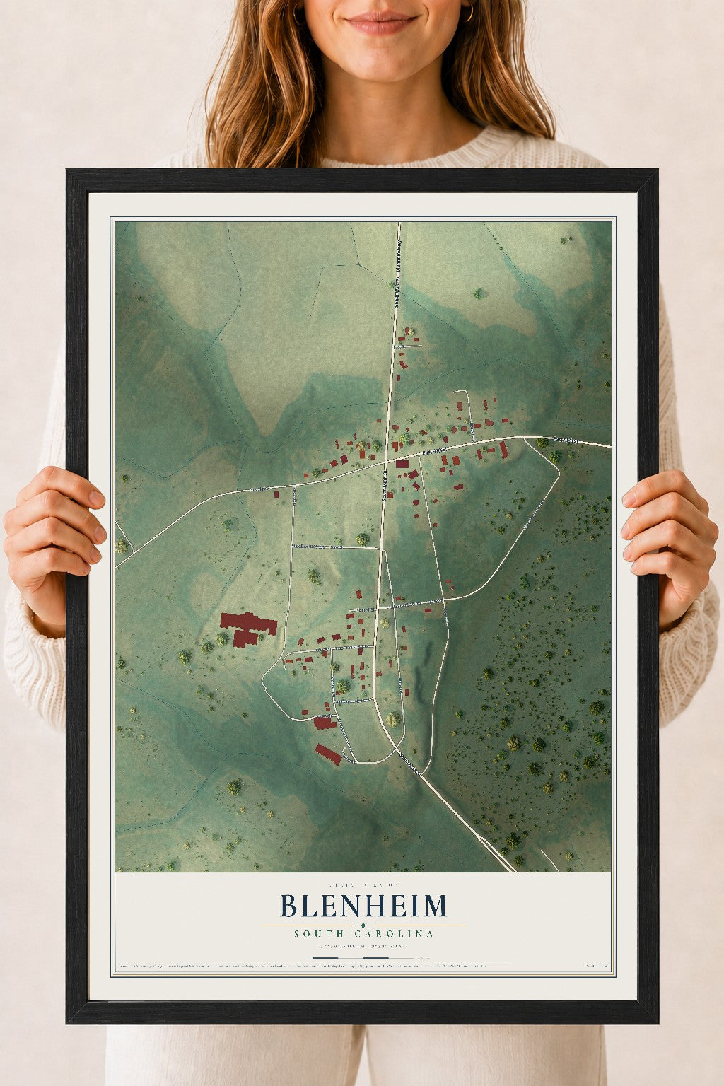 Map of Blenheim, South Carolina, 18 x 24 inch print in a black wood frame