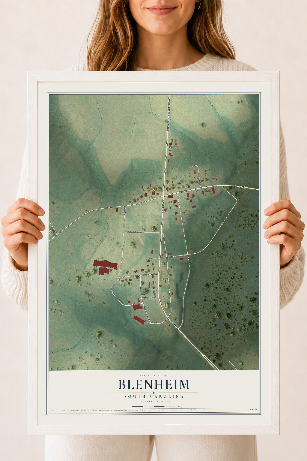 Map of Blenheim, South Carolina, 18 x 24 inch print in a white wood frame