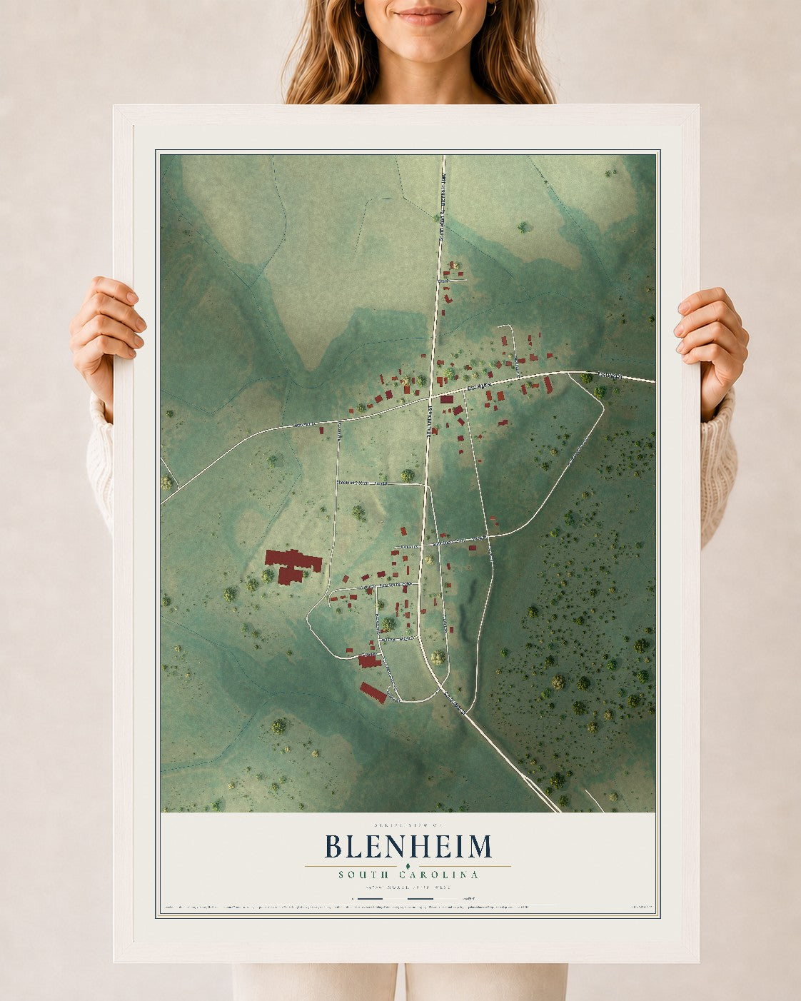 Map of Blenheim, South Carolina, 24 x 36 inch print in a white wood frame