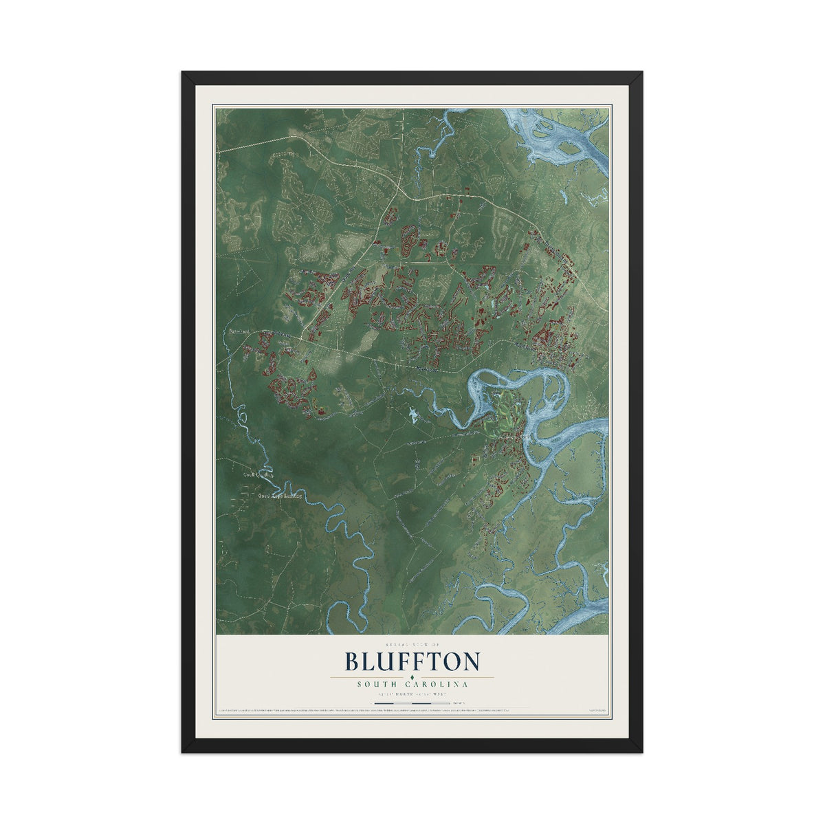 Map of Bluffton, South Carolina, 12 x 18 inch print in a black wood frame
