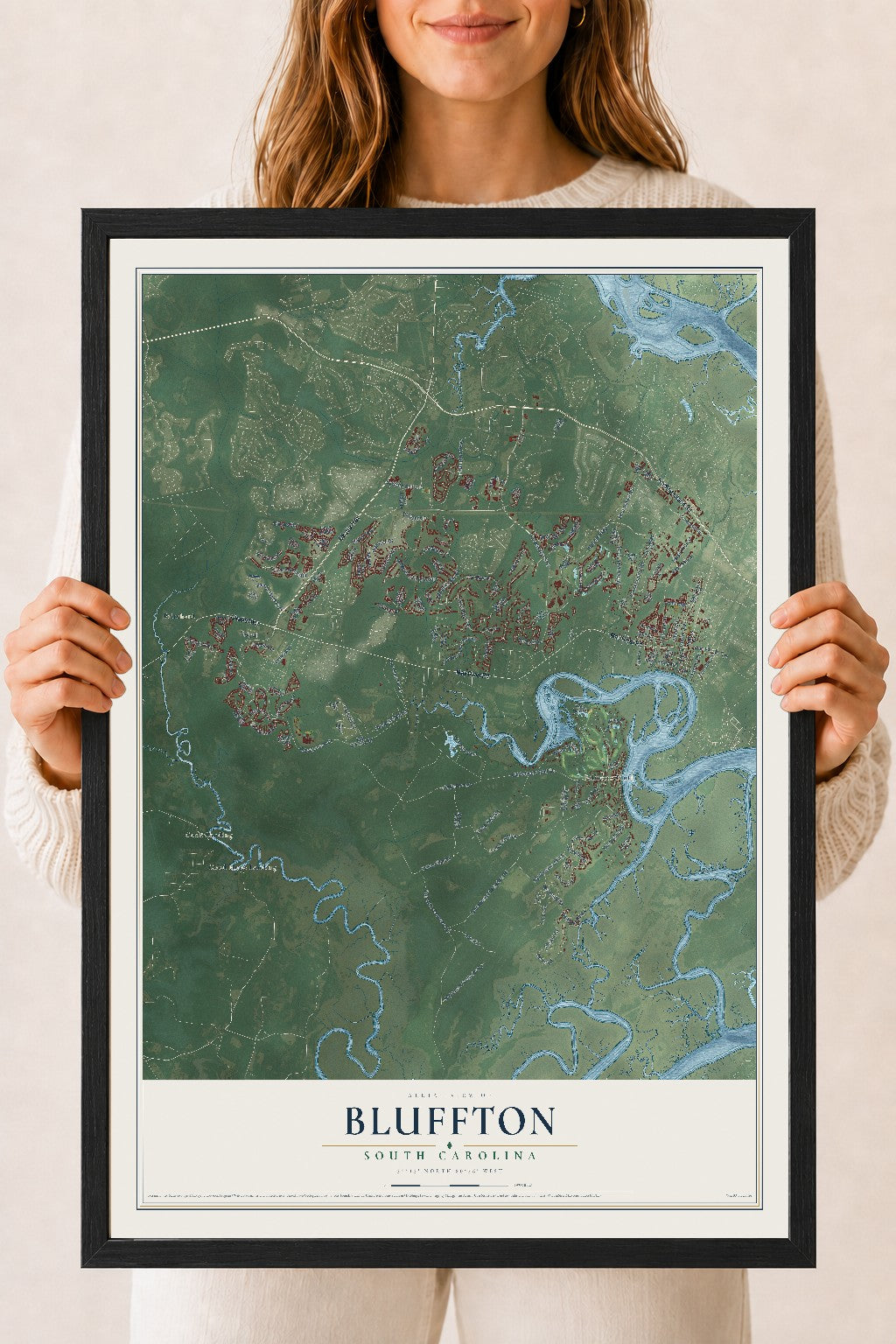 Map of Bluffton, South Carolina, 18 x 24 inch print in a black wood frame