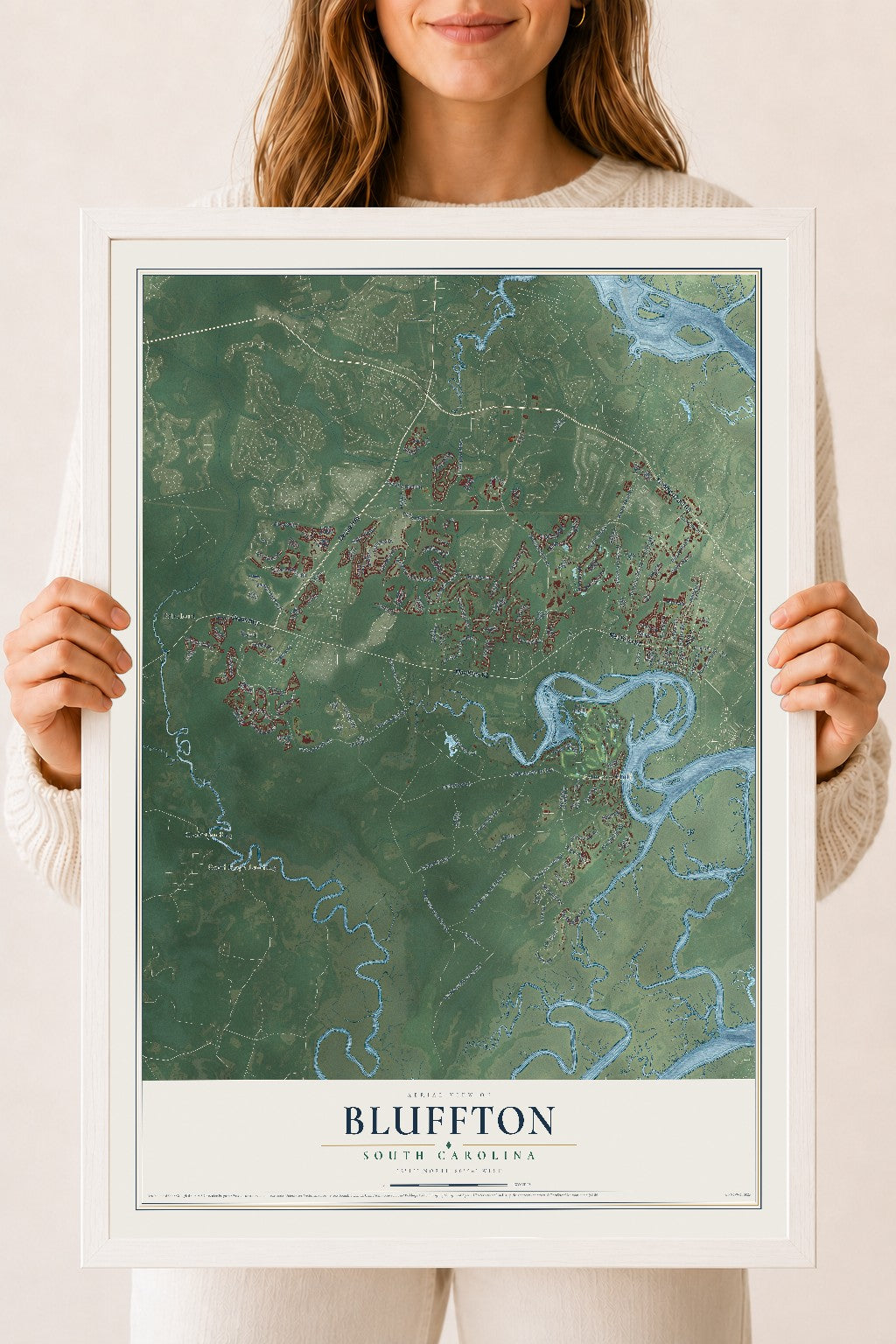 Map of Bluffton, South Carolina, 18 x 24 inch print in a white wood frame
