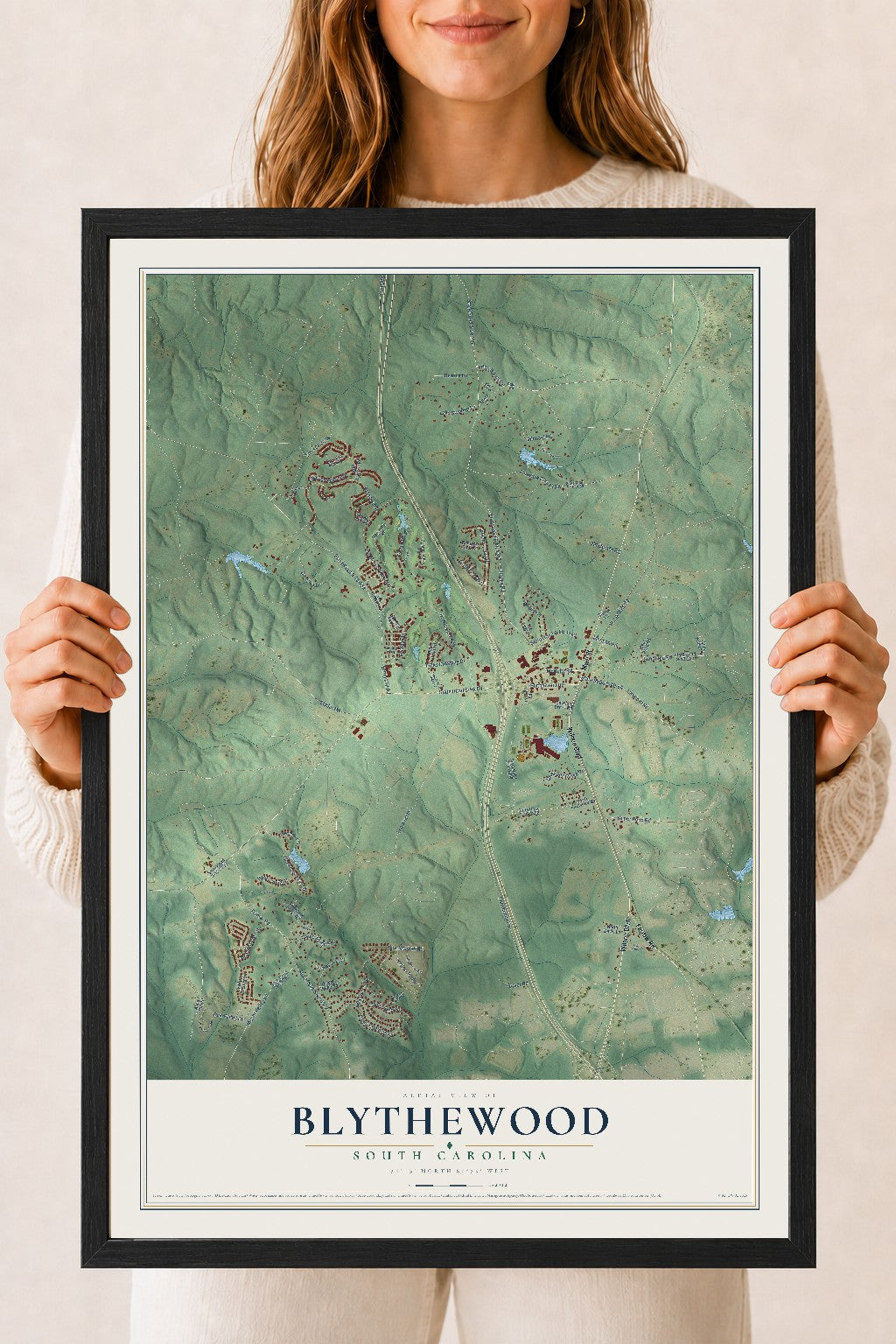 Map of Blythewood, South Carolina, 18 x 24 inch print in a black wood frame