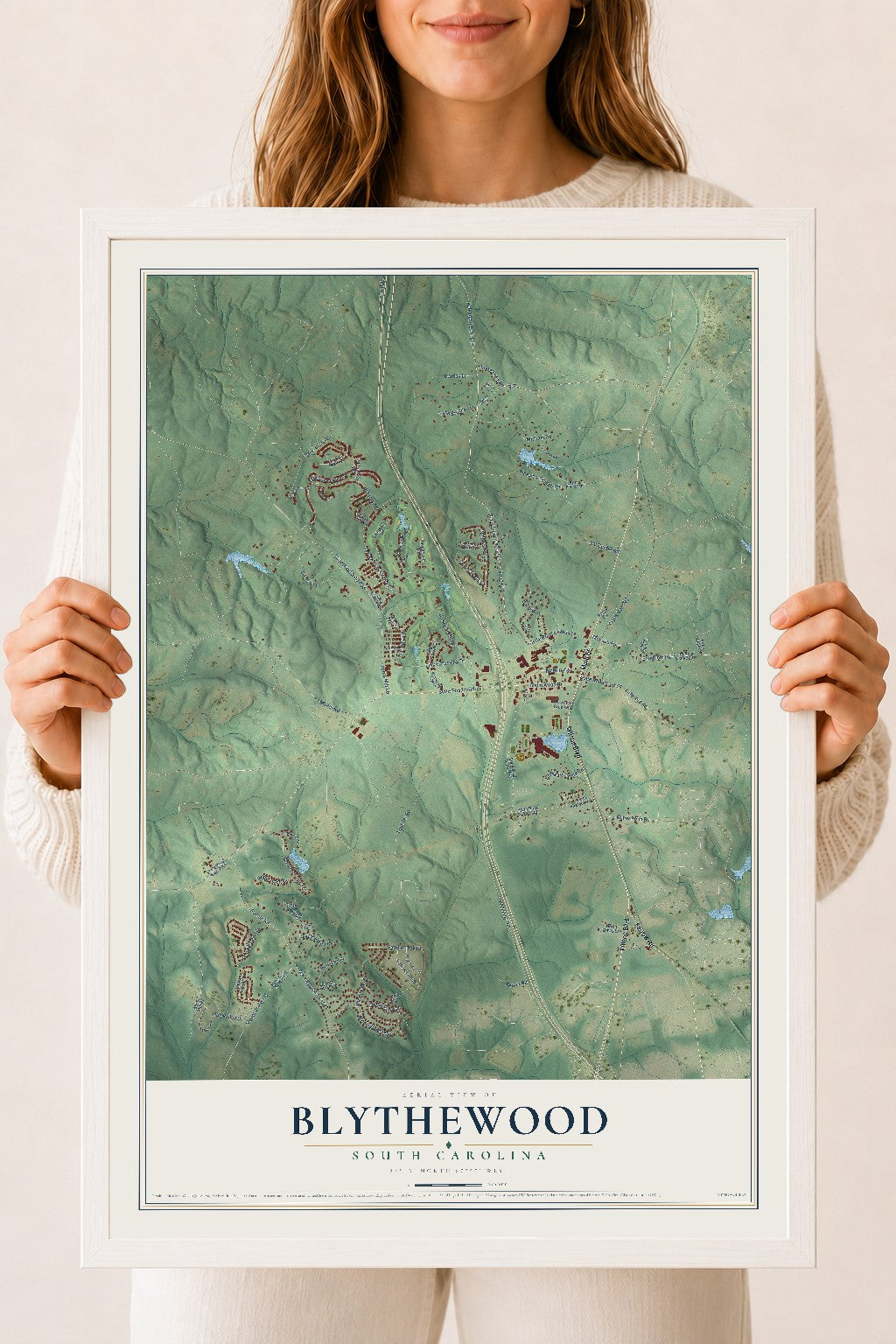Map of Blythewood, South Carolina, 18 x 24 inch print in a white wood frame