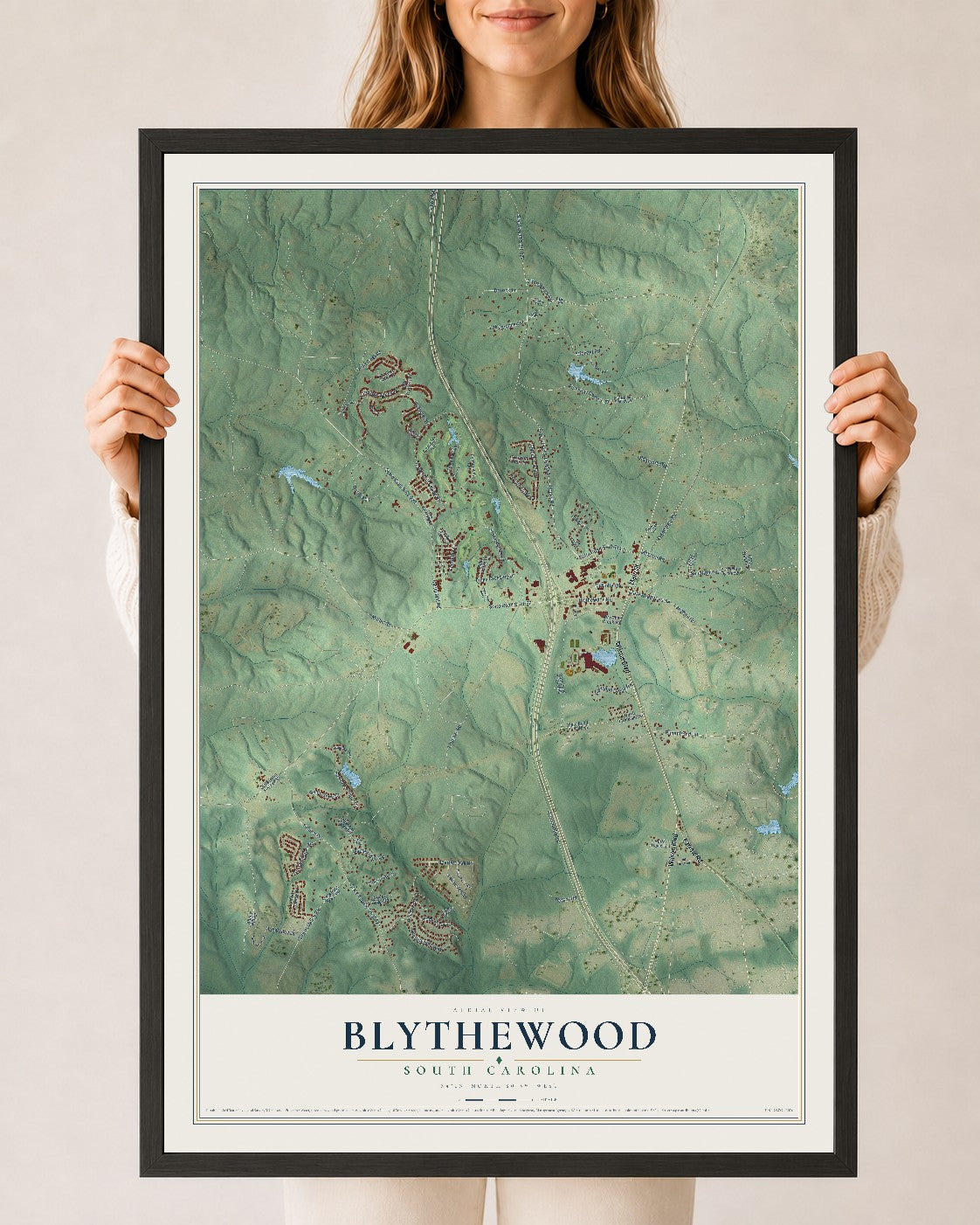 Map of Blythewood, South Carolina, 24 x 36 inch print in a black wood frame