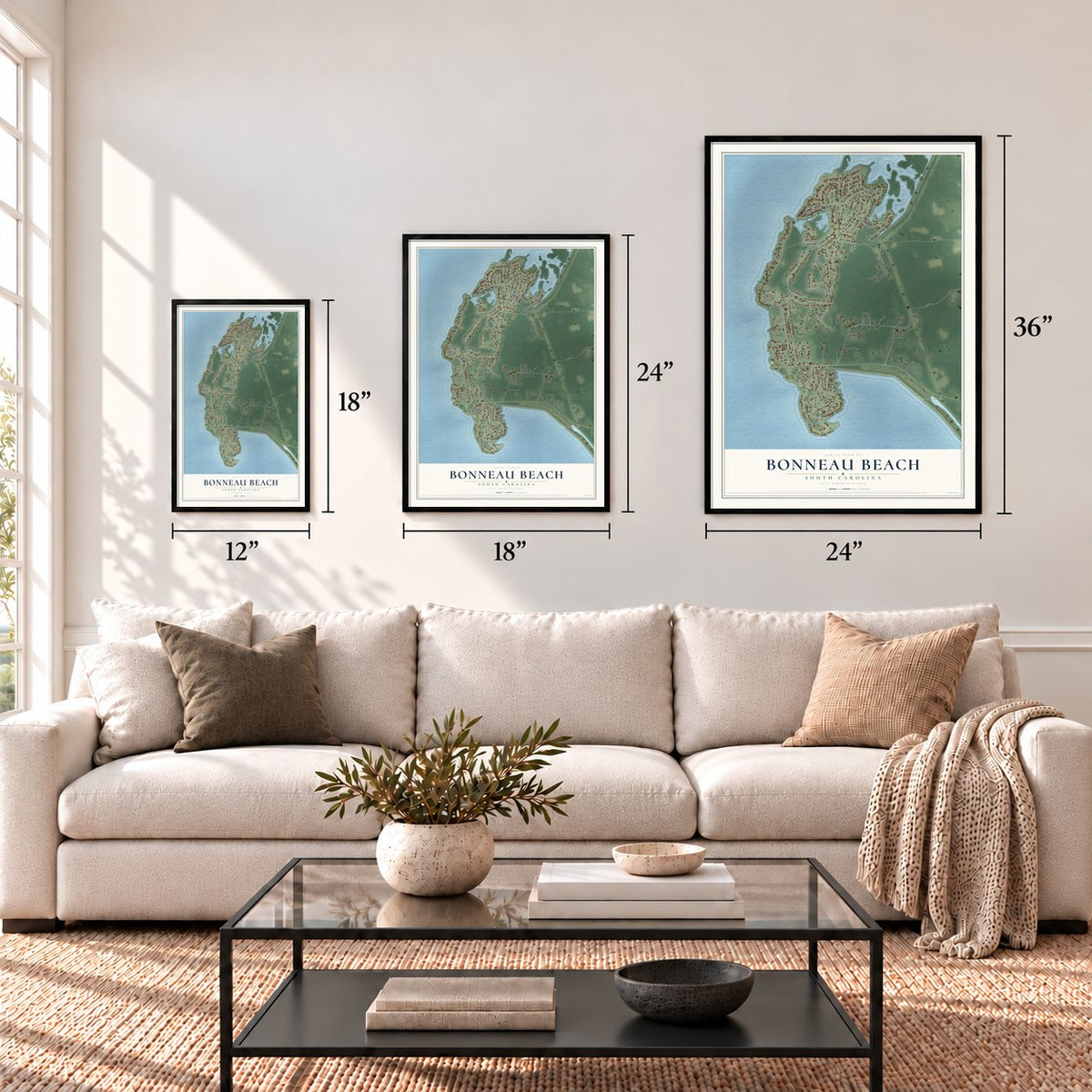 Bonneau Beach, South Carolina map in 12 x 18, 18 x 24 and 24 x 36 inch sizes above a sofa
