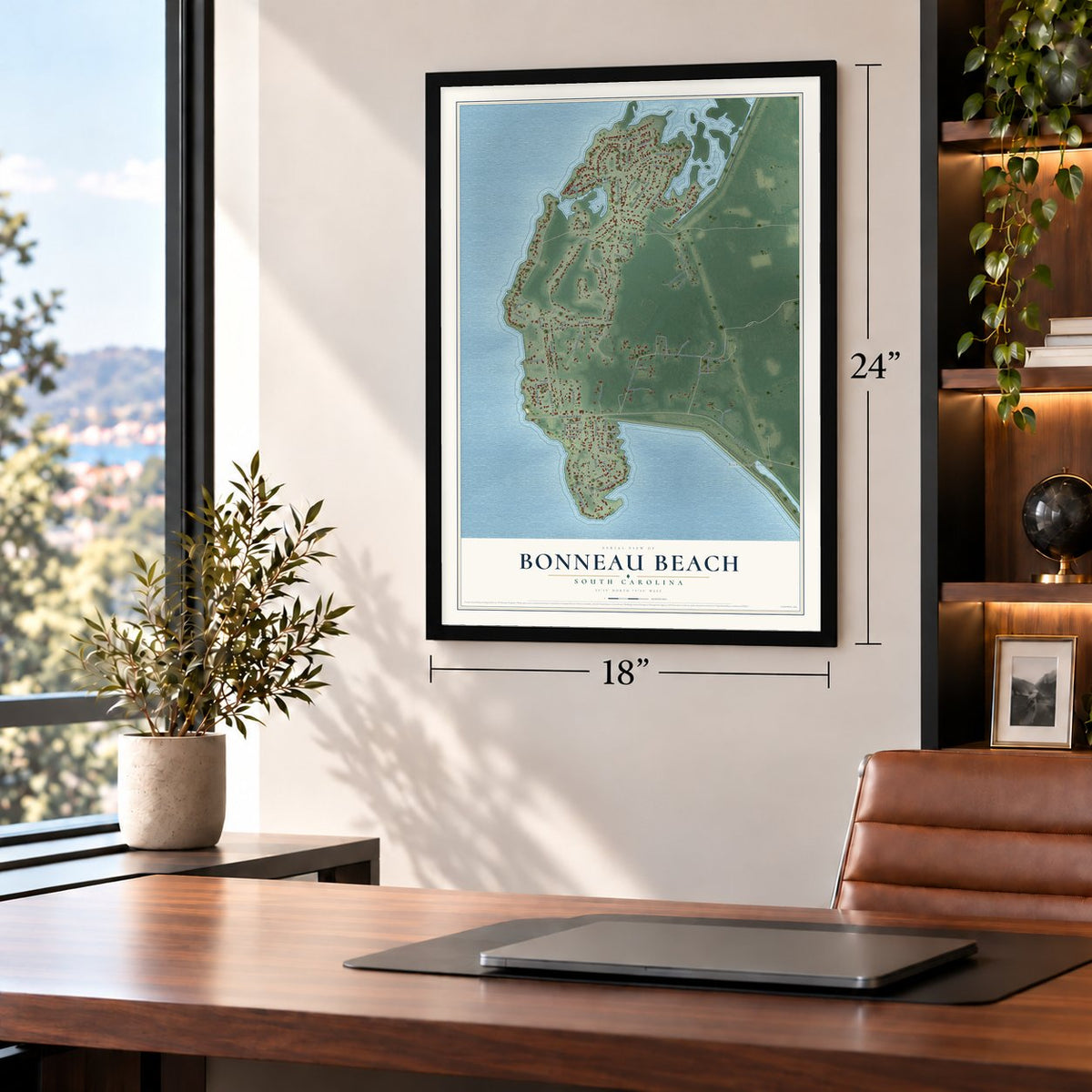 Bonneau Beach, South Carolina map, 18 x 24 inch print in a black frame in a home office