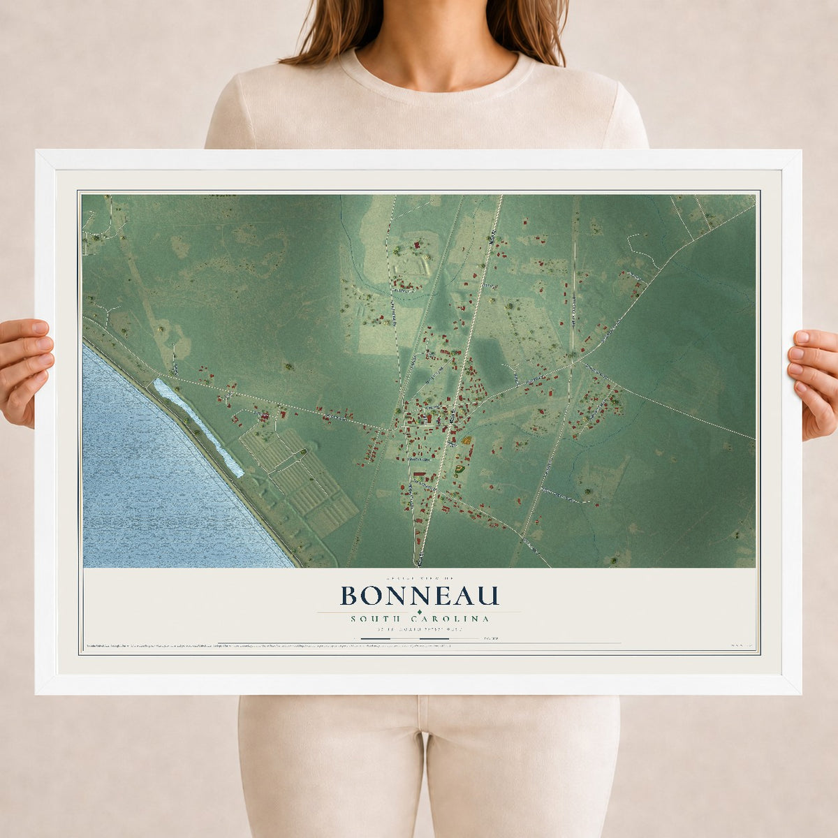 Map of Bonneau, South Carolina, 18 x 24 inch print in a white wood frame