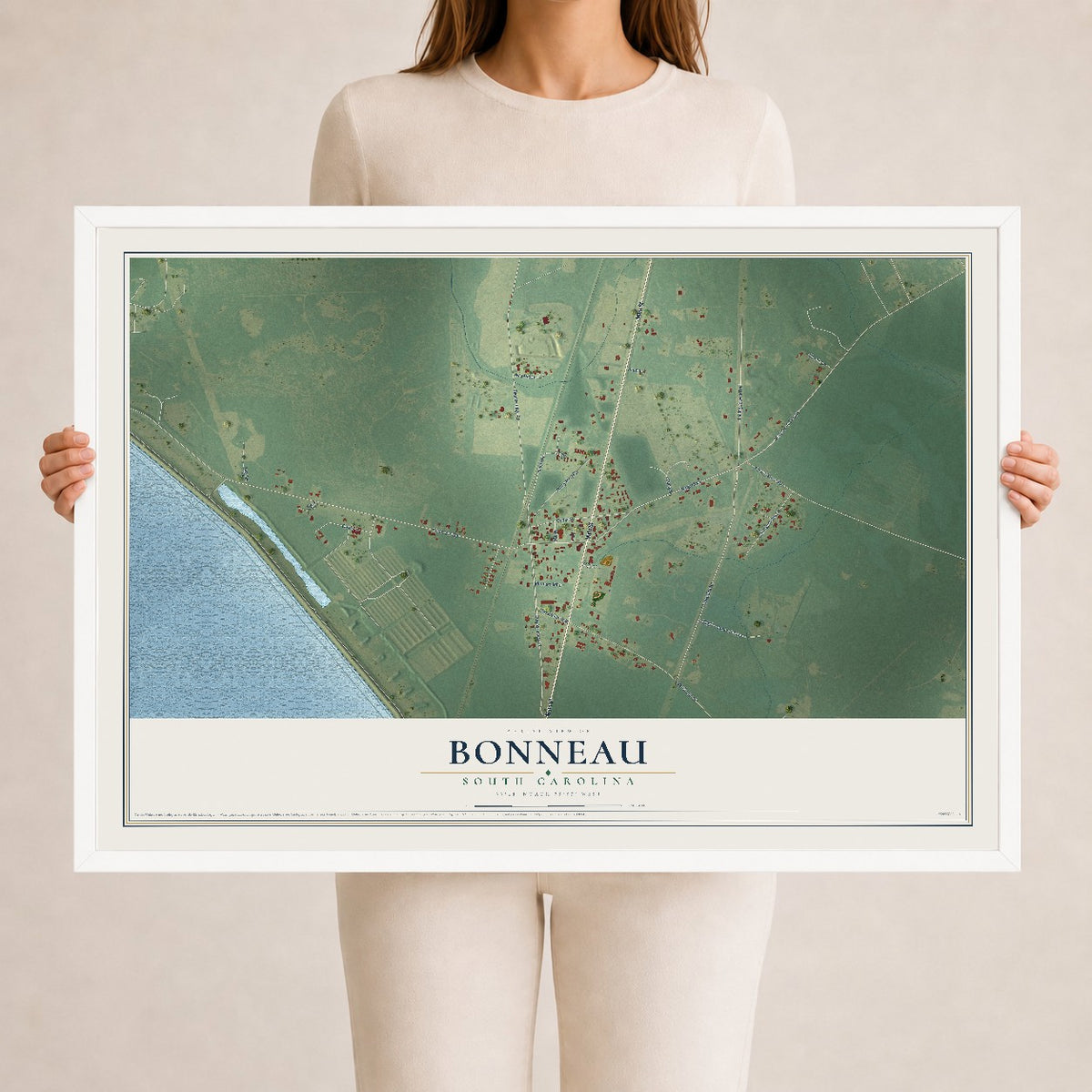 Map of Bonneau, South Carolina, 24 x 36 inch print in a white wood frame