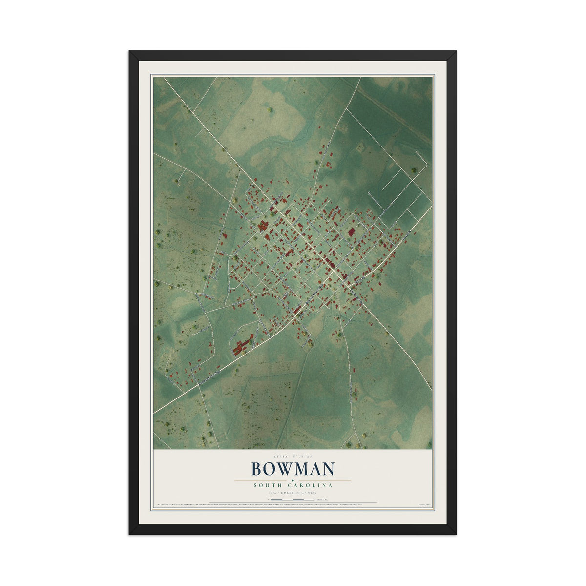 Map of Bowman, South Carolina, 12 x 18 inch print in a black wood frame