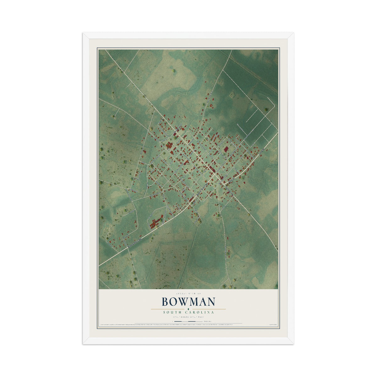 Map of Bowman, South Carolina, 12 x 18 inch print in a white wood frame