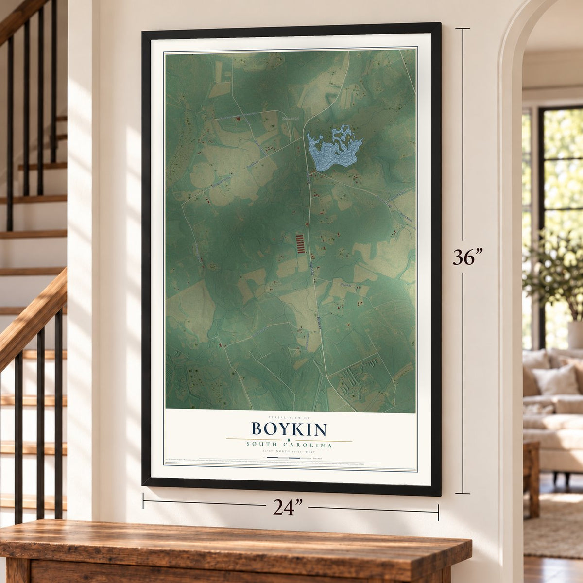 Boykin, South Carolina map, 24 x 36 inch print in a black frame by a staircase