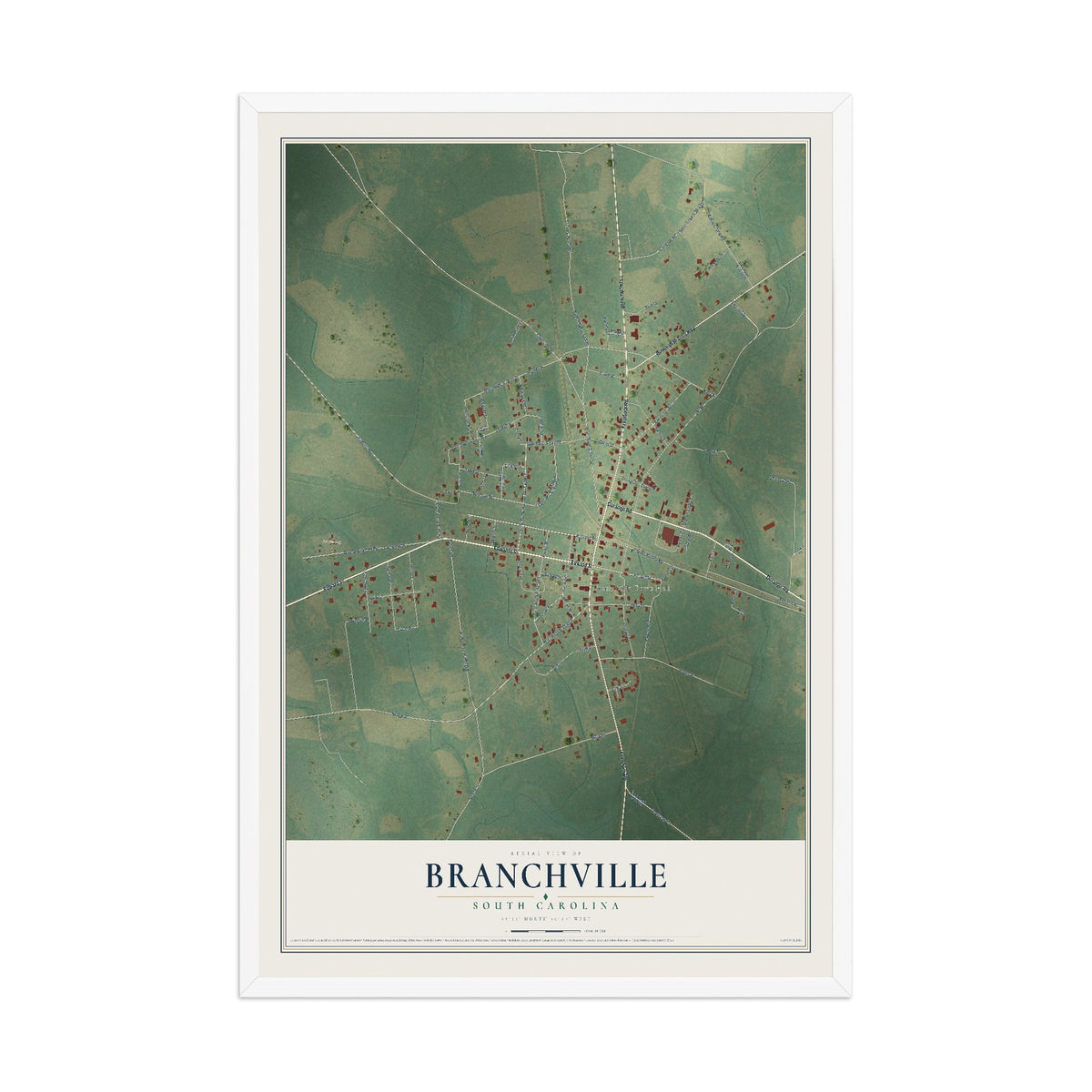 Map of Branchville, South Carolina, 12 x 18 inch print in a white wood frame