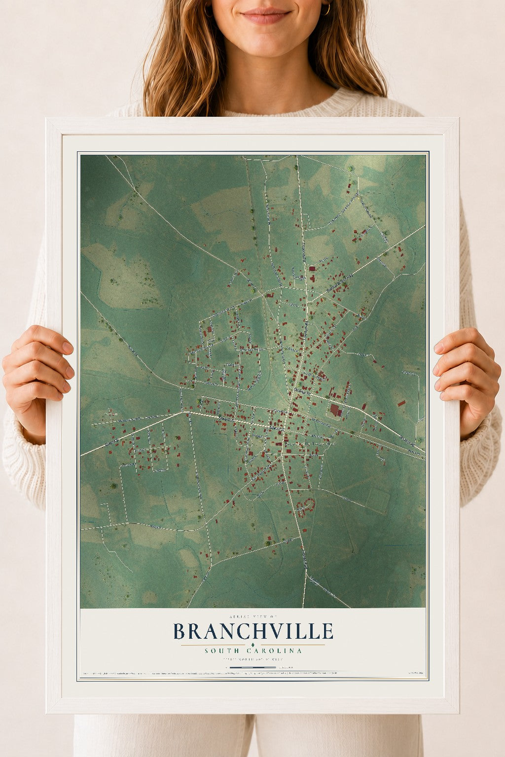 Map of Branchville, South Carolina, 18 x 24 inch print in a white wood frame