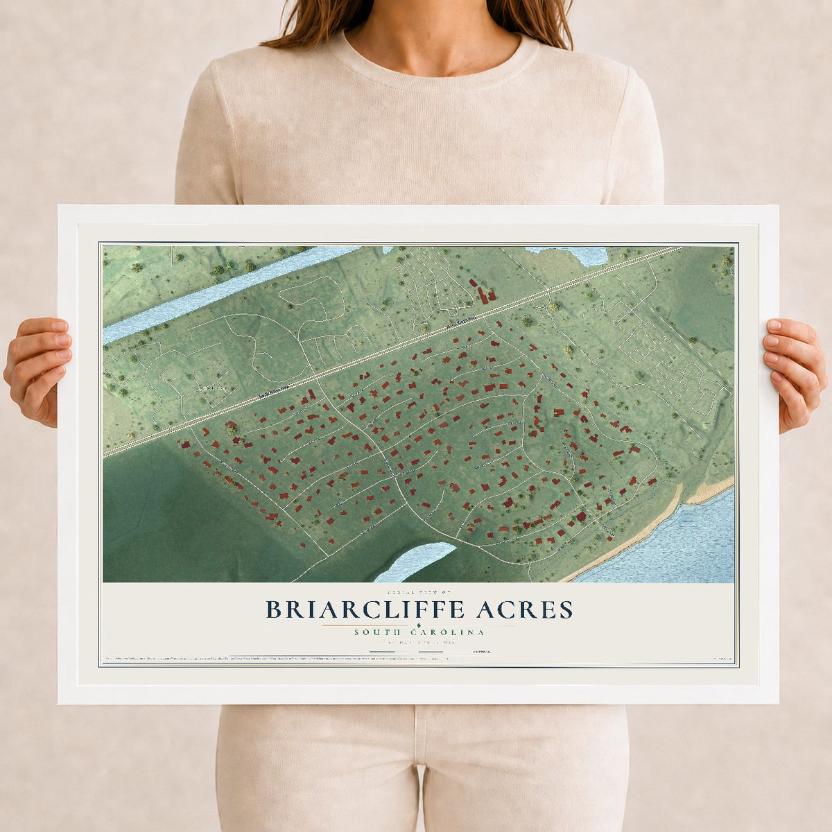 Map of Briarcliffe Acres, South Carolina, 12 x 18 inch print in a white wood frame