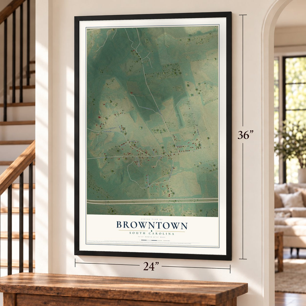 Browntown, South Carolina map, 24 x 36 inch print in a black frame by a staircase