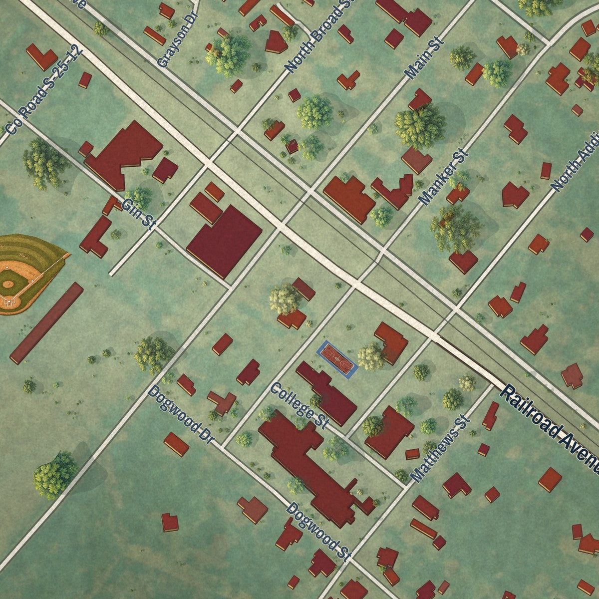 Close-up of the map of Brunson, South Carolina print showing street and building detail