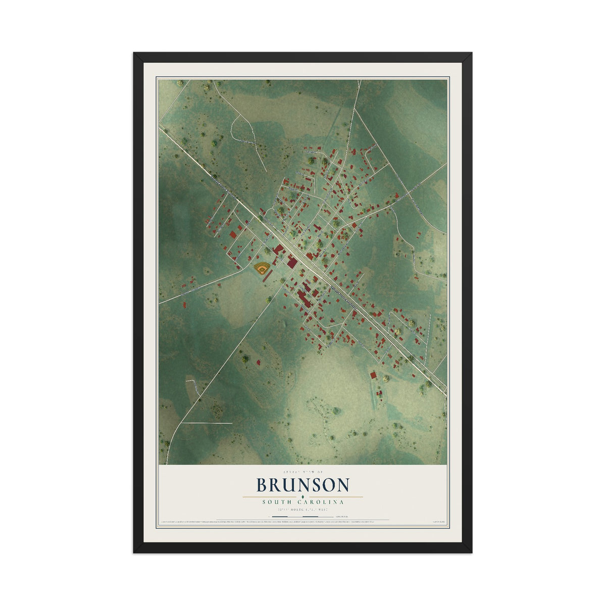 Map of Brunson, South Carolina, 12 x 18 inch print in a black wood frame