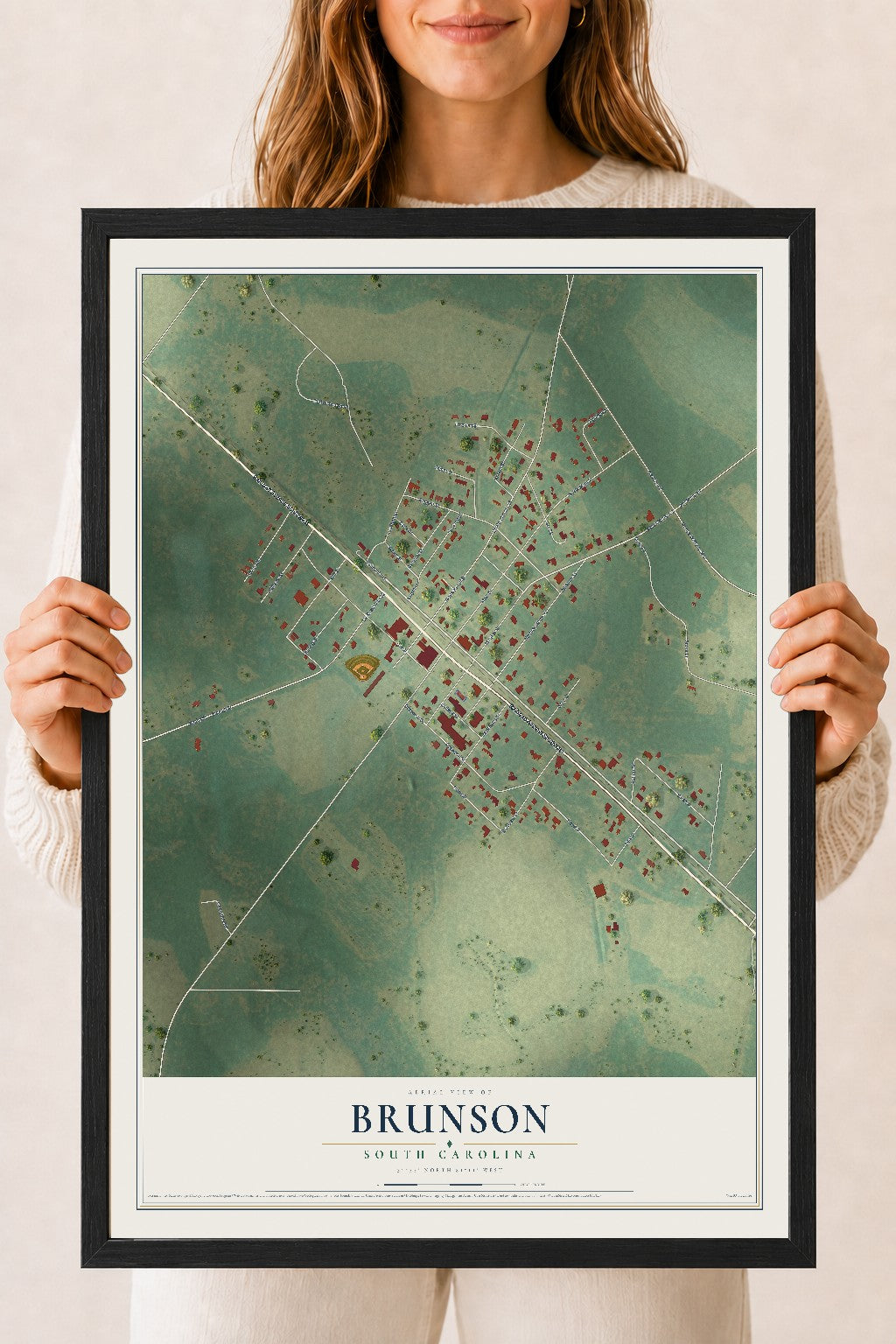 Map of Brunson, South Carolina, 18 x 24 inch print in a black wood frame