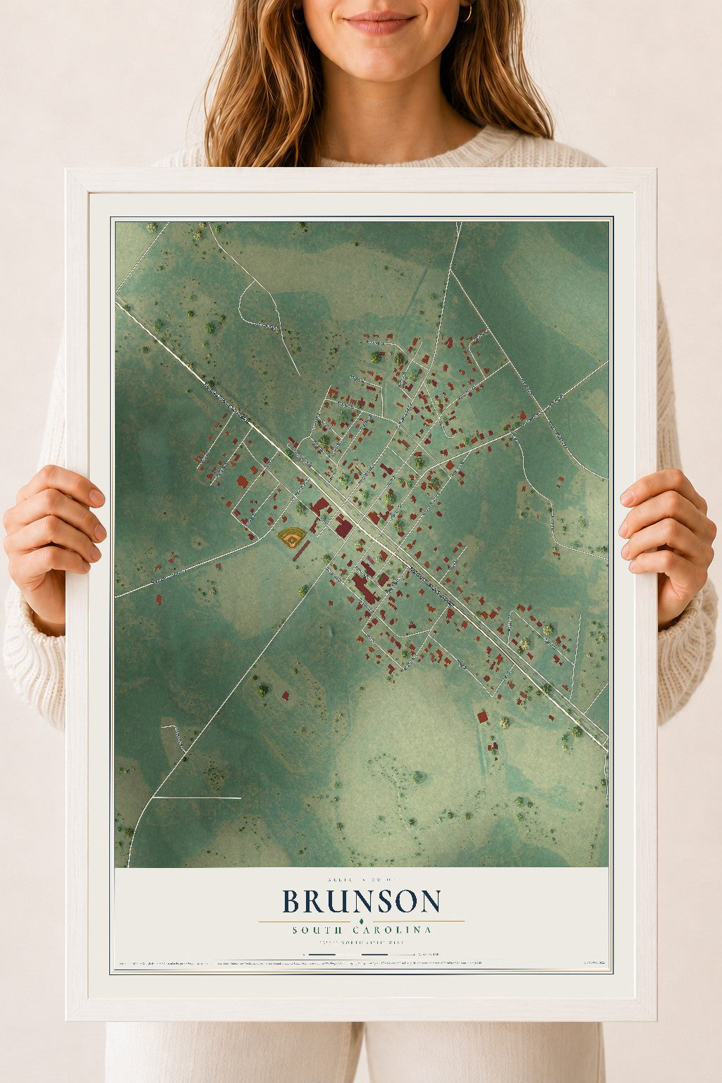 Map of Brunson, South Carolina, 18 x 24 inch print in a white wood frame