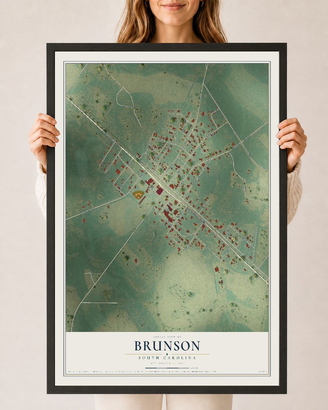 Map of Brunson, South Carolina, 24 x 36 inch print in a black wood frame