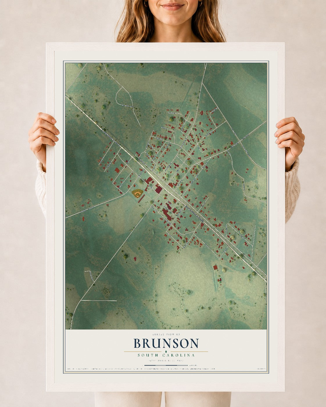 Map of Brunson, South Carolina, 24 x 36 inch print in a white wood frame