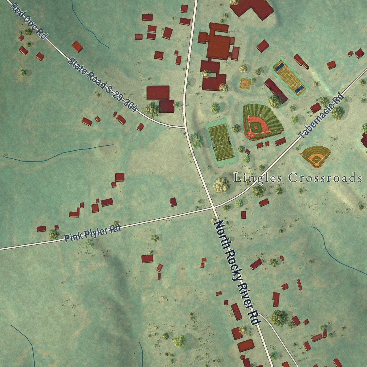 Close-up of the map of Buford, South Carolina print showing street and building detail