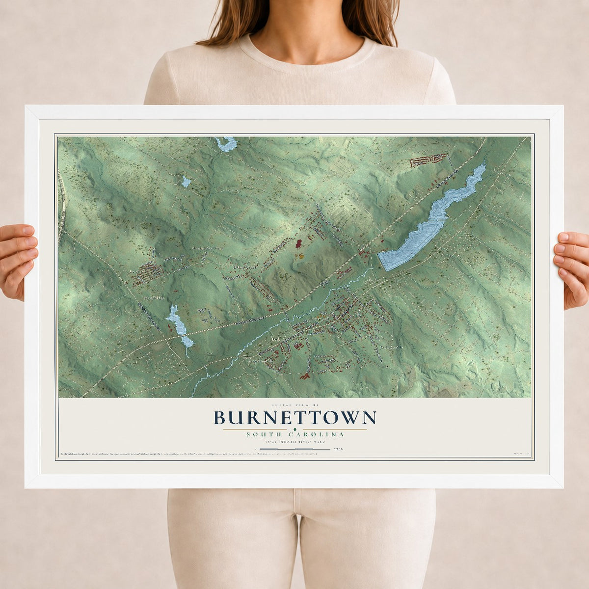 Map of Burnettown, South Carolina, 18 x 24 inch print in a white wood frame