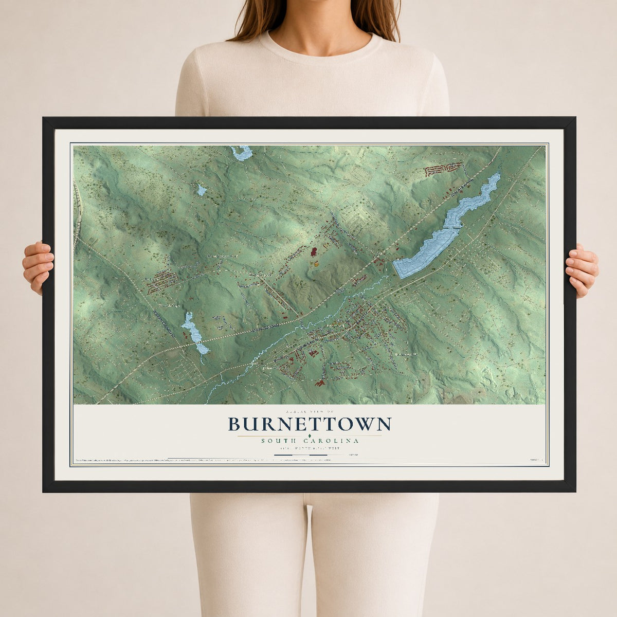 Map of Burnettown, South Carolina, 24 x 36 inch print in a black wood frame