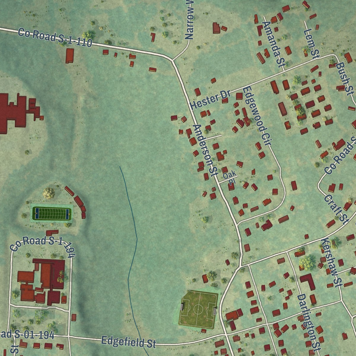 Second close-up of the map of Calhoun Falls, South Carolina print showing more streets and buildings
