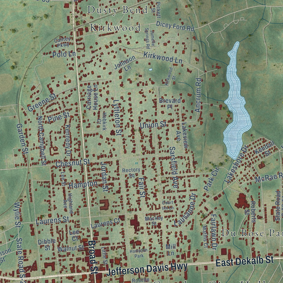 Close-up of the map of Camden, South Carolina print showing street and building detail