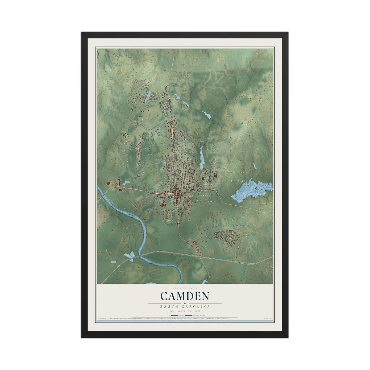 Map of Camden, South Carolina, 12 x 18 inch print in a black wood frame