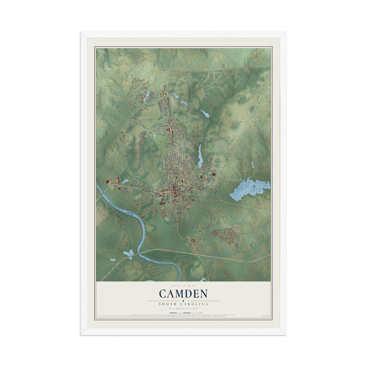 Map of Camden, South Carolina, 12 x 18 inch print in a white wood frame