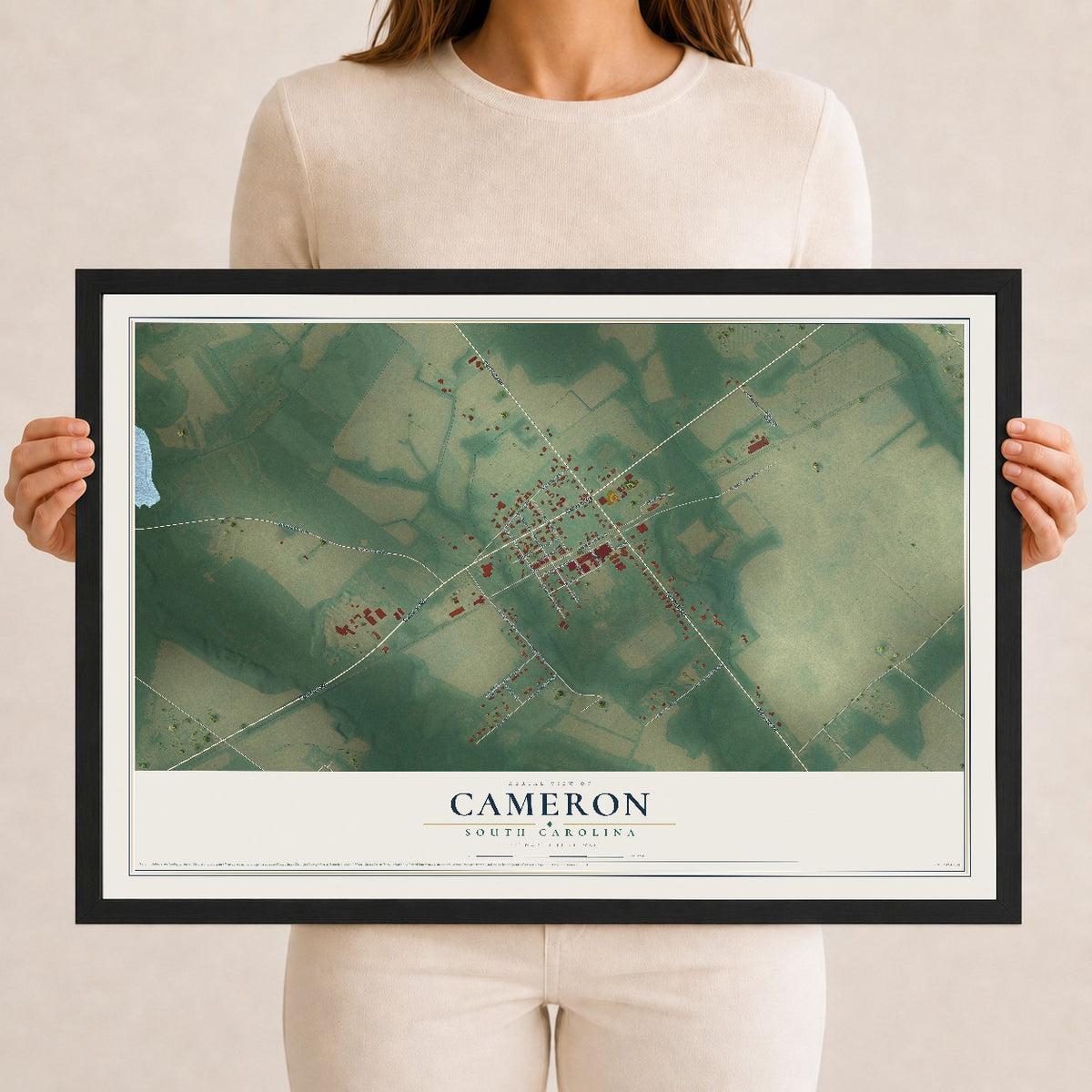 Map of Cameron, South Carolina, 12 x 18 inch print in a black wood frame