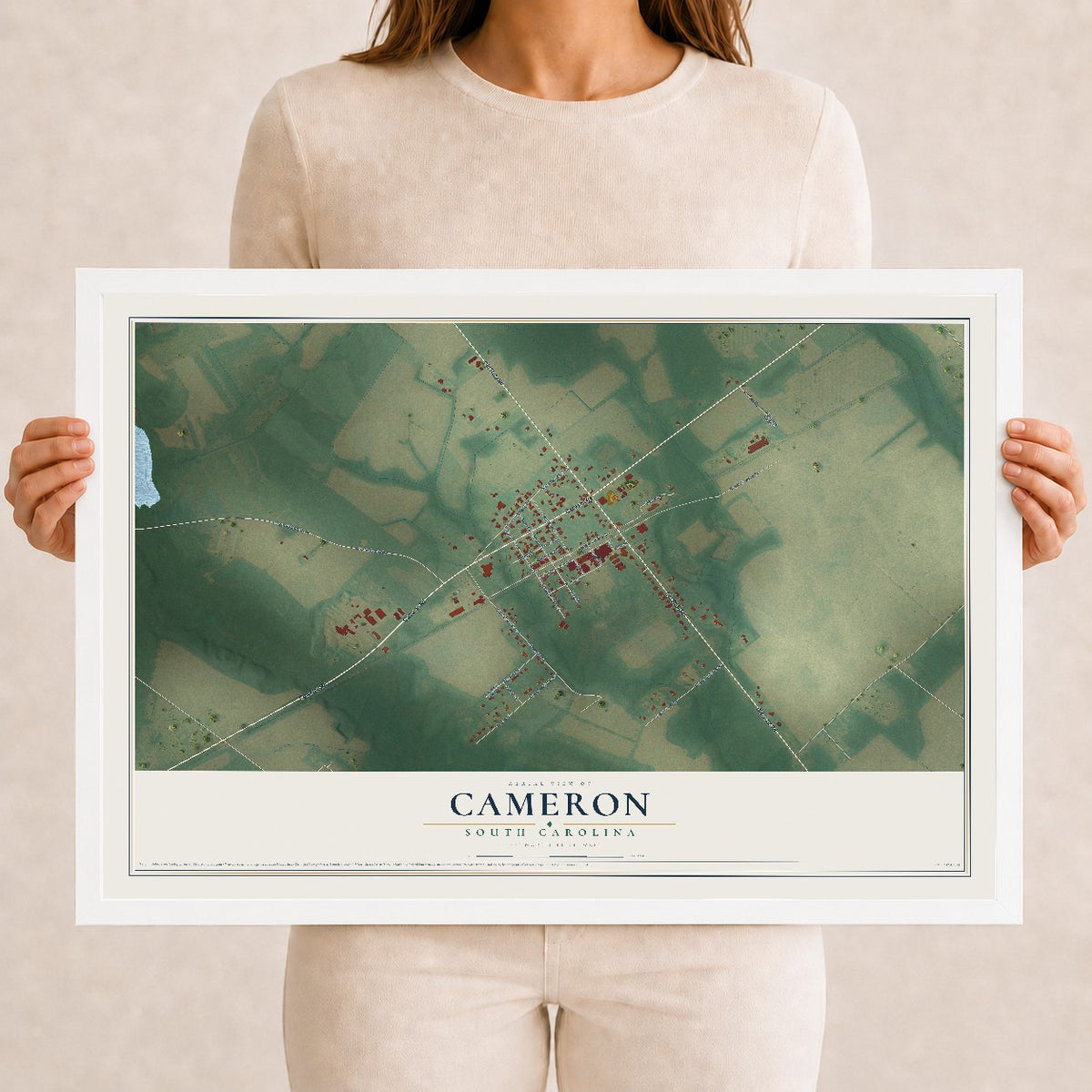 Map of Cameron, South Carolina, 12 x 18 inch print in a white wood frame