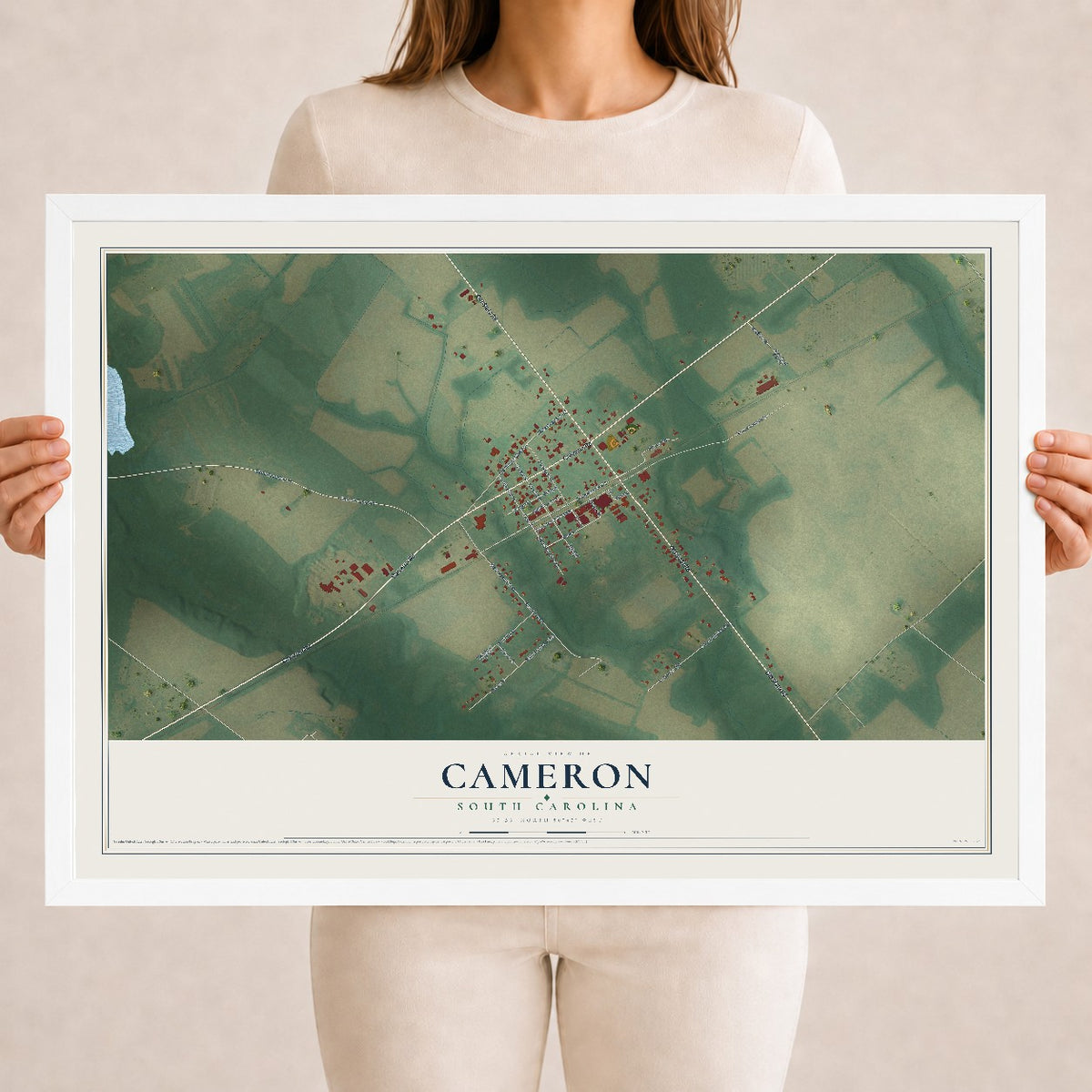 Map of Cameron, South Carolina, 18 x 24 inch print in a white wood frame