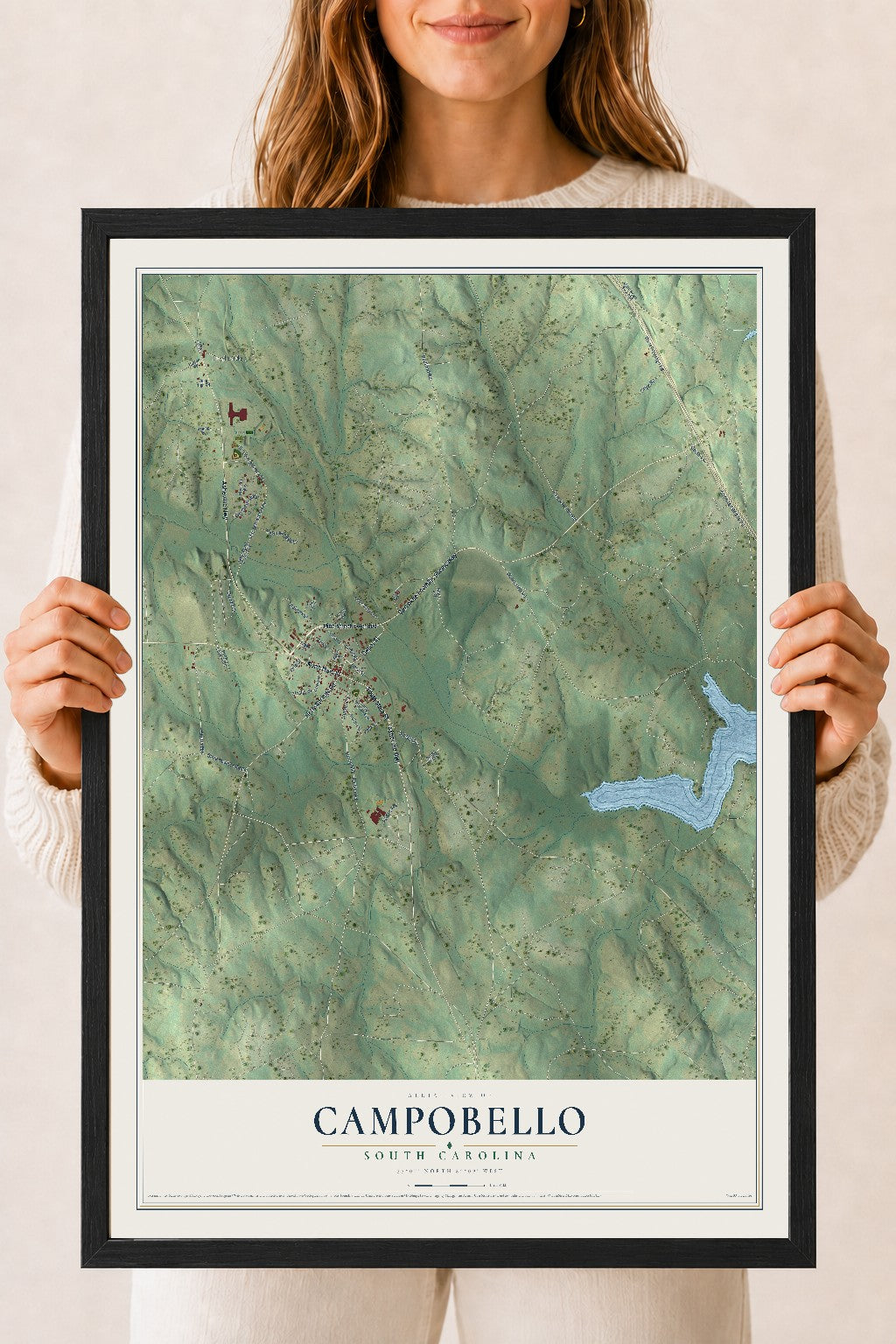 Map of Campobello, South Carolina, 18 x 24 inch print in a black wood frame