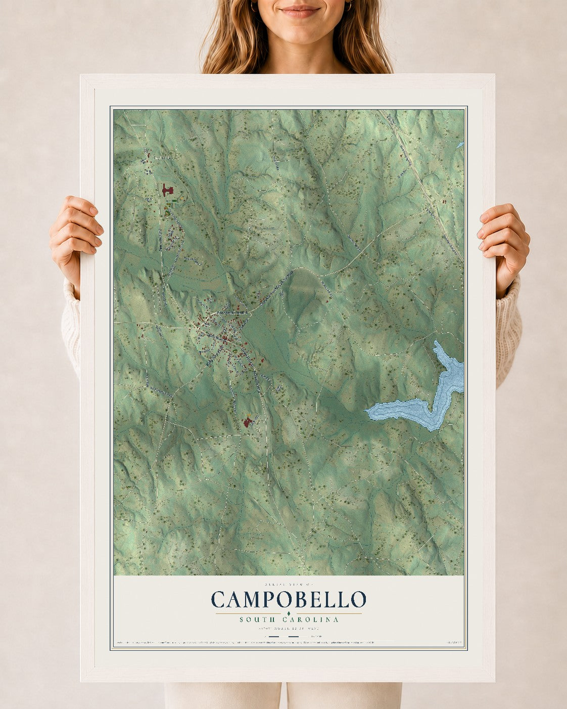 Map of Campobello, South Carolina, 24 x 36 inch print in a white wood frame