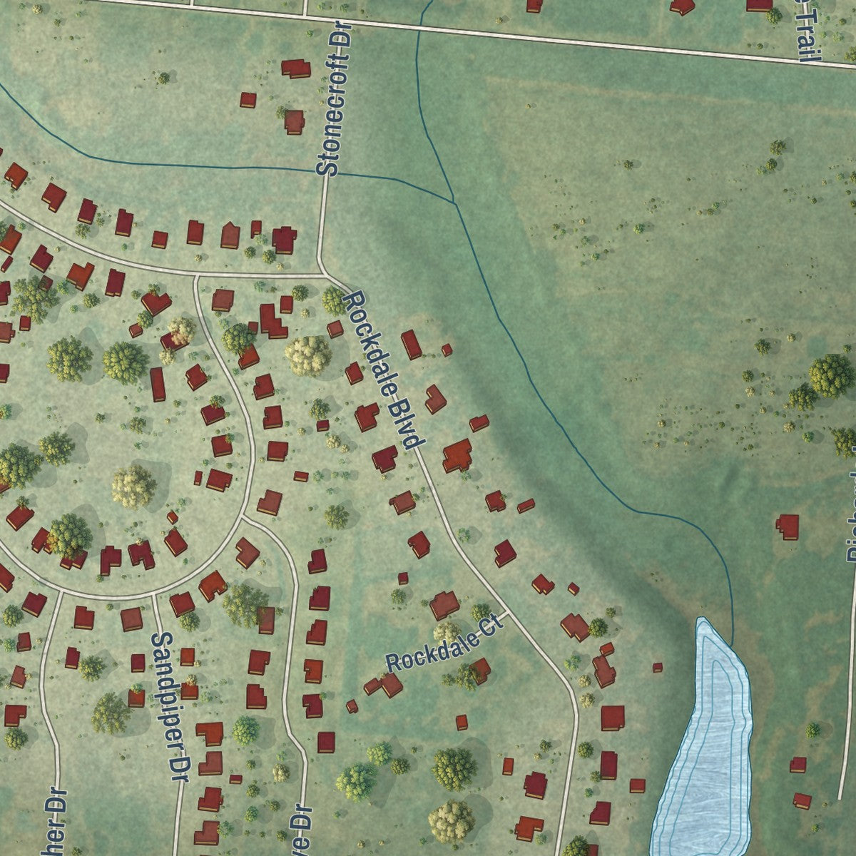 Close-up of the map of Cane Savannah, South Carolina print showing street and building detail