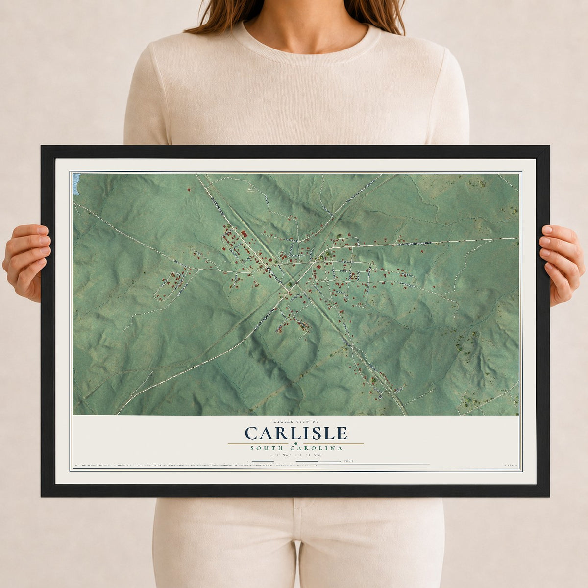 Map of Carlisle, South Carolina, 12 x 18 inch print in a black wood frame