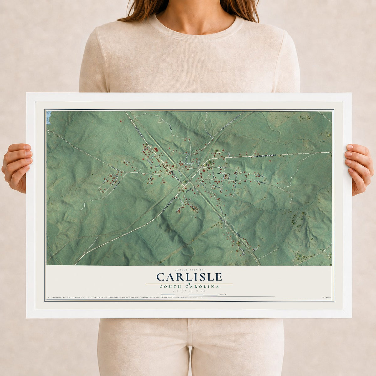 Map of Carlisle, South Carolina, 12 x 18 inch print in a white wood frame