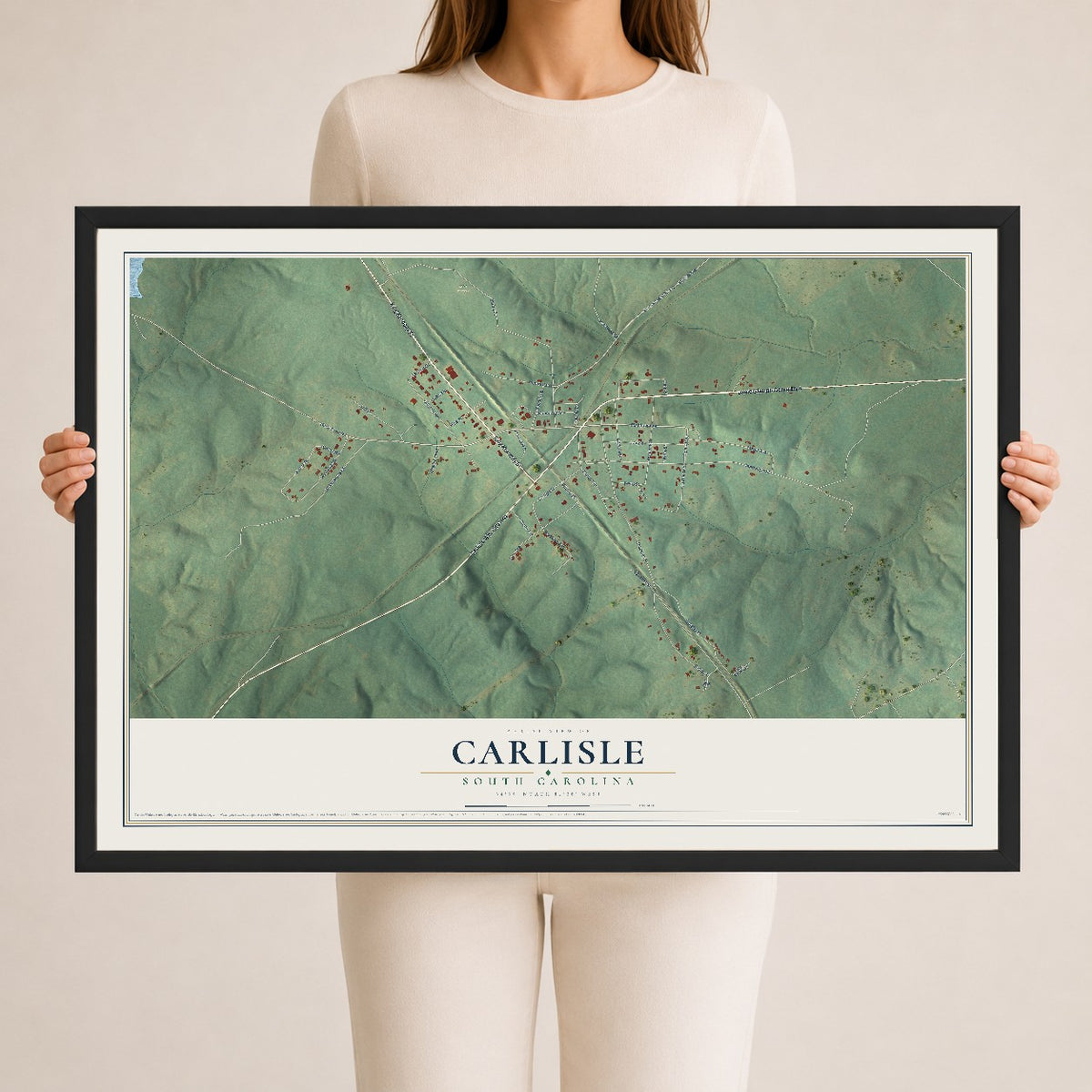 Map of Carlisle, South Carolina, 24 x 36 inch print in a black wood frame
